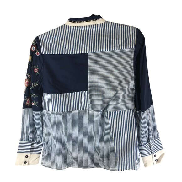 Chico's Tunic Top Patchwork Embroidered Floral Striped Blue Size 00P US 0/2P - Picture 2 of 4